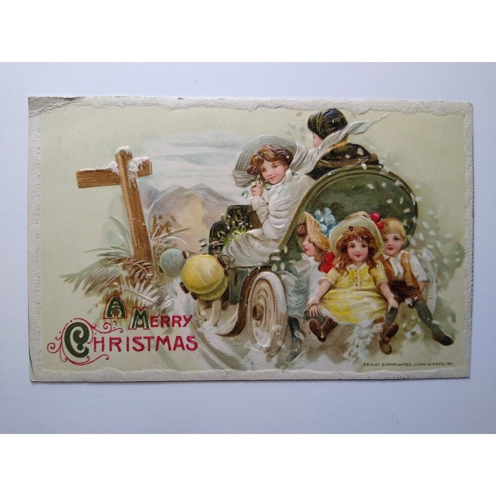 John Winsch 1911 Embossed Christmas Postcard - Children in Snow Sleigh Antique